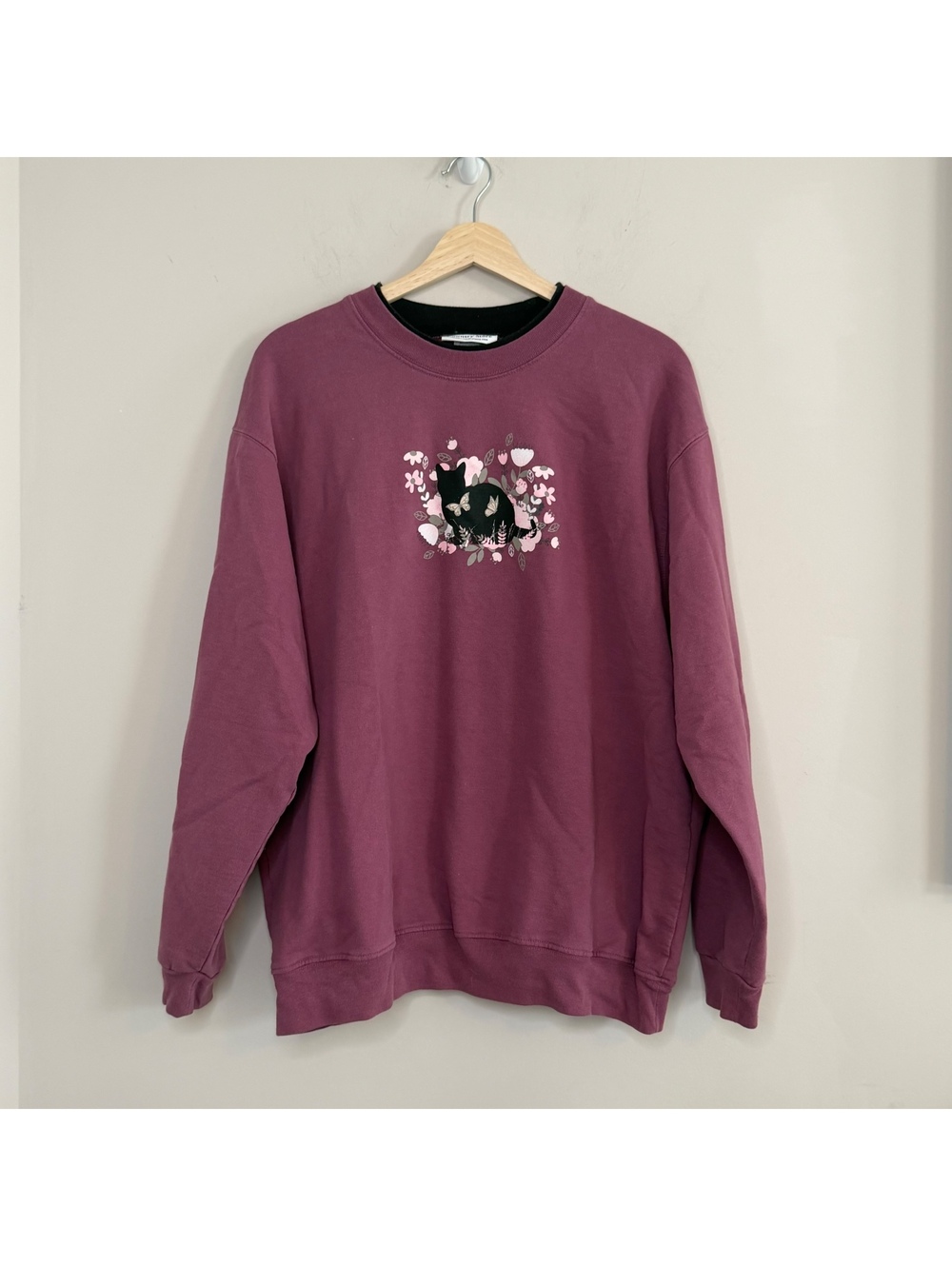 Black Cat Floral Sweatshirt Mauve Pink Cottagecore Butterfly Graphic Crewneck